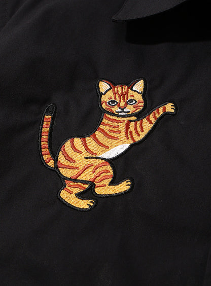 サーフィン刺繍の開襟シャツ 茶色猫