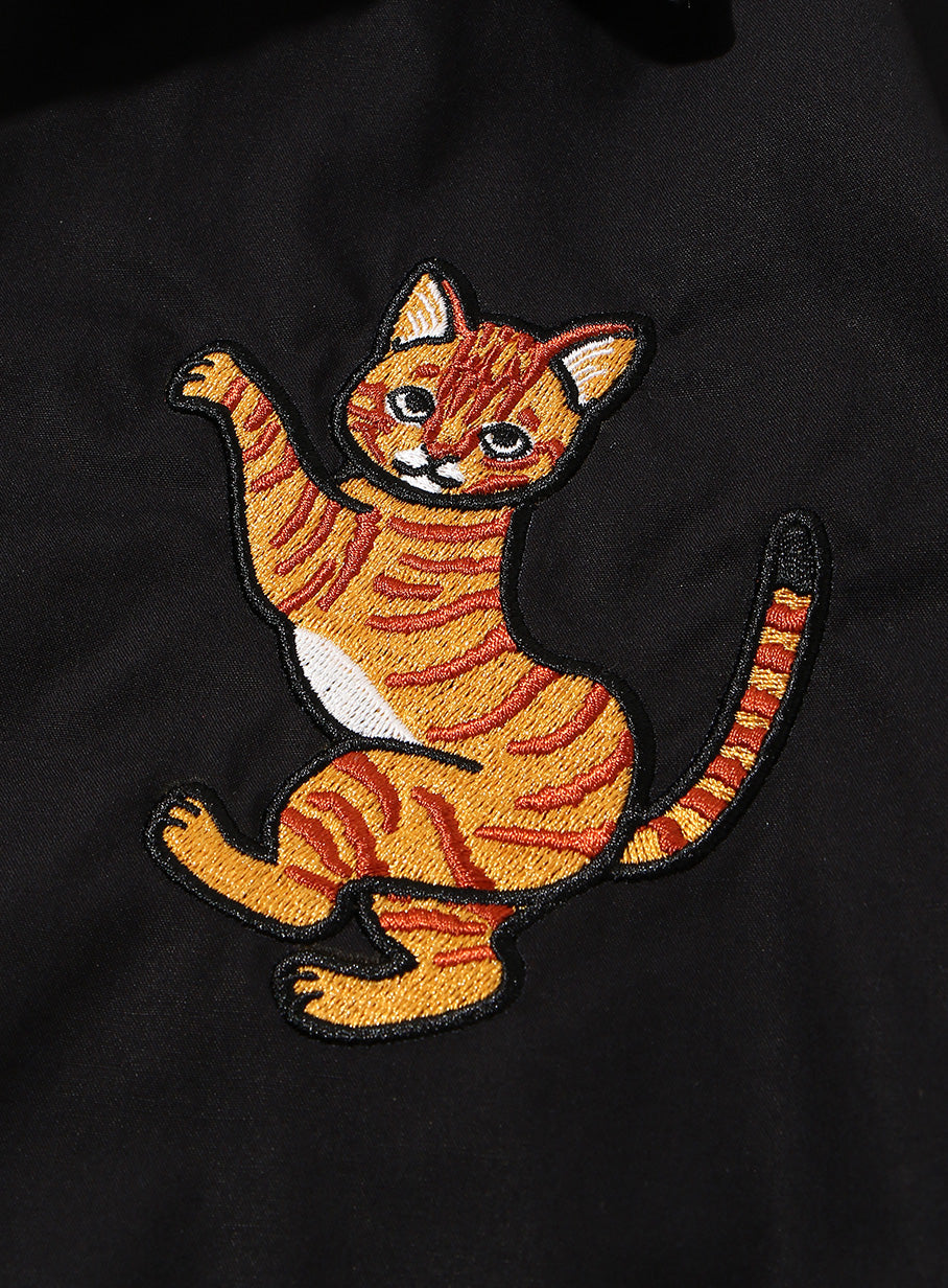 サーフィン刺繍の開襟シャツ 茶色猫