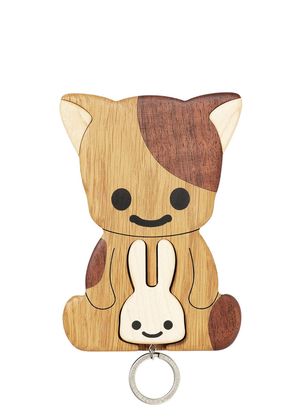 木のフックとキーリング ねこちゃんとうさぎ