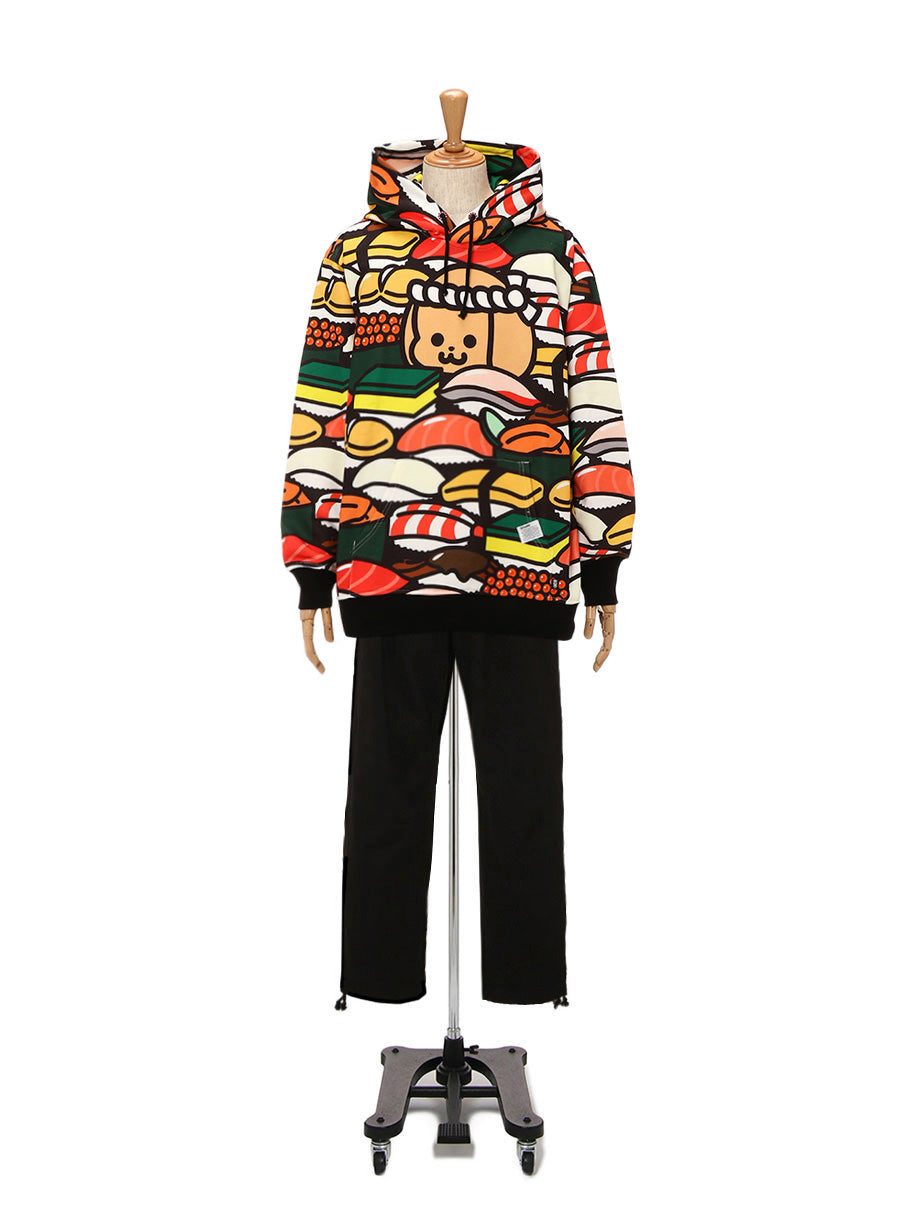 株式会社くるくるわんわん寿司の総柄パーカー