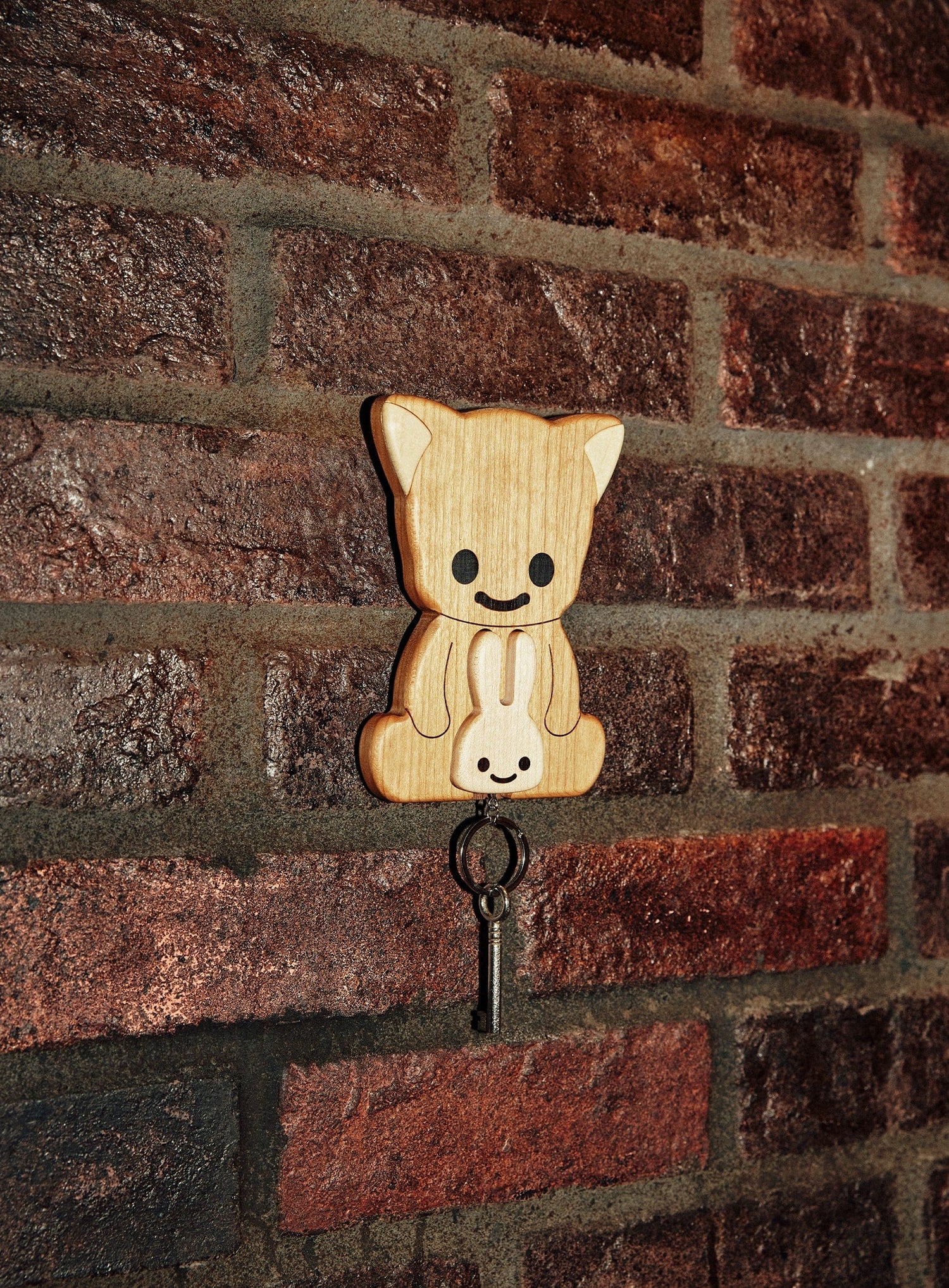 木のフックとキーリング ねこちゃんとうさぎ
